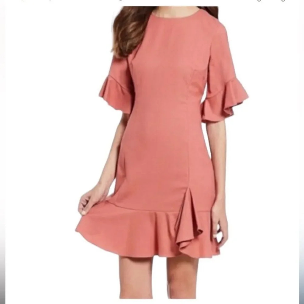 Gianni Bini Women’s Ruffle 3/4 Sleeve Round Neck Peach Mini Dress size Medium
